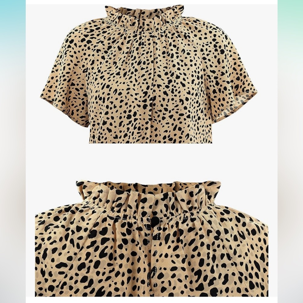 NWT Amoretu Women Leopard Print Shirts Mock Neck Short Sleeve Blouse Work Tops - Picture 4 of 5